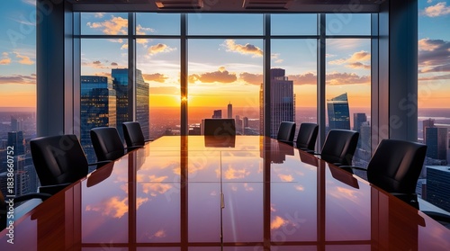 High-End Corporate Office Design Spacious Conference Area Focused on the Reflective Table and the Breathtaking Urban View Through Glass Walls