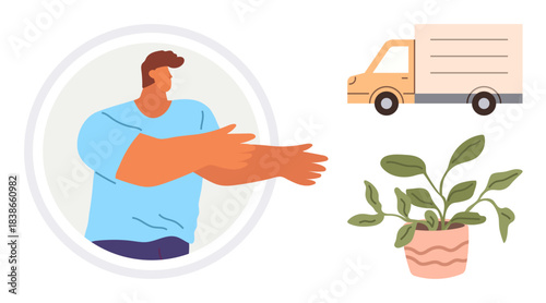 Man gesturing with welcoming arms, delivery truck symbolizing transport, and a potted plant suggesting care or relocation. Ideal for concepts thumbs up delivery, environment, care, relocation