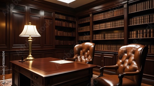 Aesthetic Traditional Study or Library Design Ornate Dark Mahogany Desk and Tufted Brown Leather Chairs in a High-End Private Office
