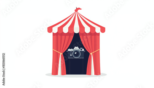 A vintage camera hiding behind the curtains of a striped circus or carnival tent, symbolizing a hidden show, a secret act, or the art of photography as entertainment.
