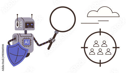 AI robot with shield holding magnifying glass, targeting group of users in crosshairs under a cloud. Ideal for technology, data analysis, cybersecurity, innovation, protection, automation, research