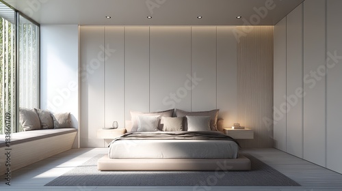 Serene Bedroom Beige Modern Minimalist Interior with Sunlight.