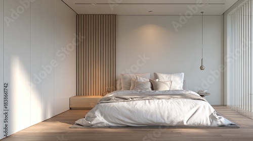 Modern Bedroom Oasis Calm Light with Clean Lines, and Cozy Comfort.