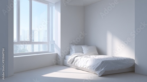 Minimalist White Room Bed bathed in morning light near window with serenity.