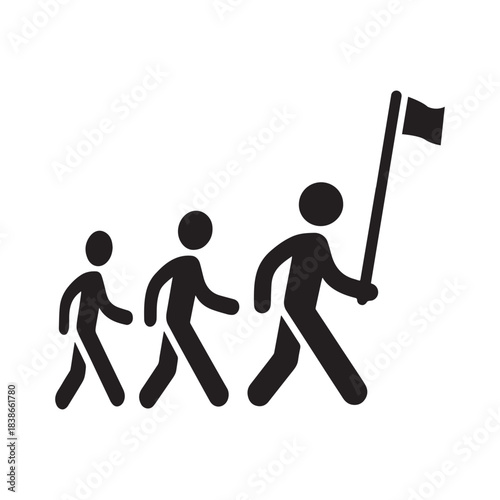 Leader Holding a Flag Icon Guiding a Group in a March or Rally, Symbolizing Leadership and Team Direction for Event and Travel Design
