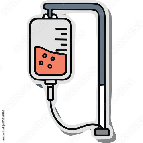 Medical Infusion Bag Hanging On Stand With Fluid Being Delivered Through Tube In A Simple Flat Design Style With Black Outline And Gray Stand