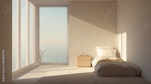 Minimalist coastal bedroom bathed in sun Serene interior design.