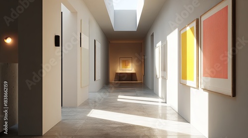 Art Gallery Modern Hallway with Colorful Exhibits and Bright Skylight.