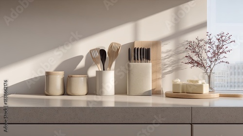 Kitchen tools Cozy morning light on counter with rustic charm.