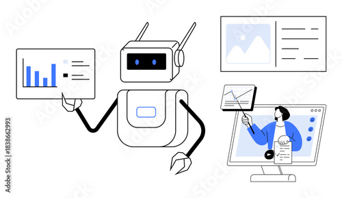 Artificial intelligence technology. Artificial intelligence aids in data visualization and interactive learning tools. Artificial intelligence enhances analytics, online education, and innovation