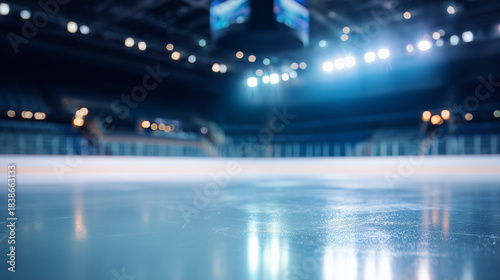 Empty Ice Rink Under Dramatic Arena Lighting: Smooth Ice Surface in Soft Focus, Awaiting the Game