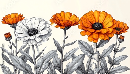 Artistic rendering of calendula flowers, some vibrant orange, contrasted with grayscale flowers and foliage, on a light background