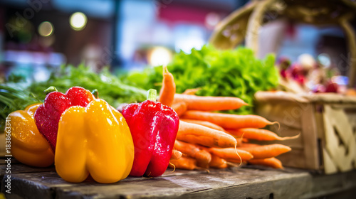 Artistic Arrangement of Fresh Organic Vegetables on Rustic Market Counter: Bell Peppers, Carrots, and Leafy Greens