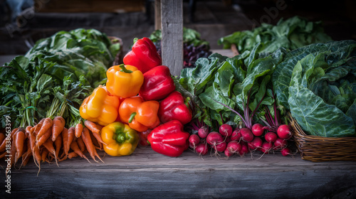Artistic Arrangement of Fresh Organic Vegetables on Rustic Market Counter: Bell Peppers, Carrots, and Leafy Greens