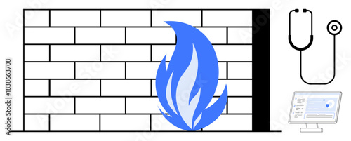 Cybersecurity, healthcare technology, data protection, online security, medical systems, network safety. A brick wall with a flame, stethoscope and computer screen. Cybersecurity and healthcare
