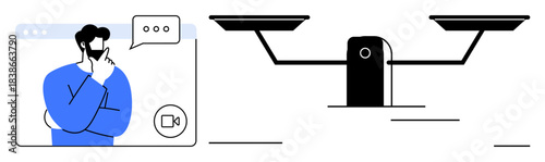 Virtual communication, ethical decision-making, teleconferencing, business negotiation, legal consulting, digital justice. A person on a video call and a balance scale. Virtual communication