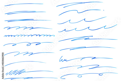 青色の手描きの文字の下の線　アンダーラインセット　ベクター	