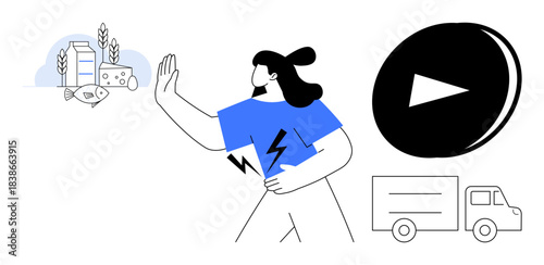 Food allergies, health awareness, lactose intolerance, dietary choices, delivery services, multimedia education. Woman gestures to avoid dairy items with a truck and play icon. Food allergies