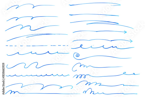青色の手描きの文字の下の線　アンダーラインセット　ベクター	