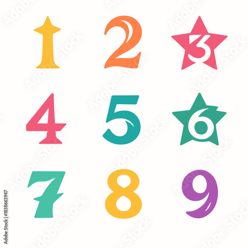 Number symbols flat icon set. featuring numbers 1, 2, 3, 4, 5, 6, 7, 8, 9 with star shapes
