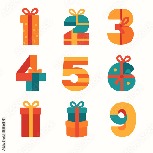 Holiday gifts flat icons set. featuring numbered presents 1-9 and wrapped gift box symbols