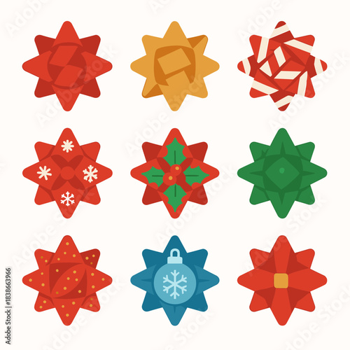 Christmas decorations flat icon set. featuring bows, snowflakes, stars, and festive ornaments