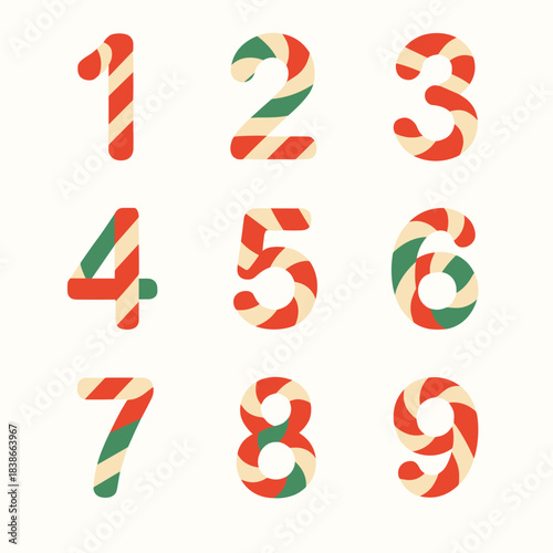 Festive numbers flat icon set. featuring numeric icons decorated with holiday-themed stripes