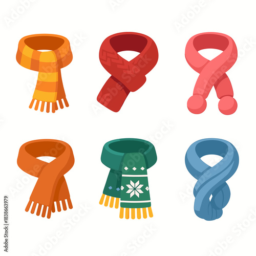 Winter scarves flat icon set. featuring striped, knitted, pom-pom, orange, green, and blue scarves icons