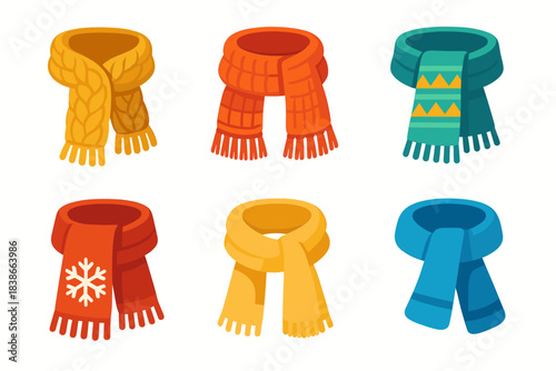 Winter accessories flat icon set. featuring scarves, wool, fringe, knitted, and wrapped designs