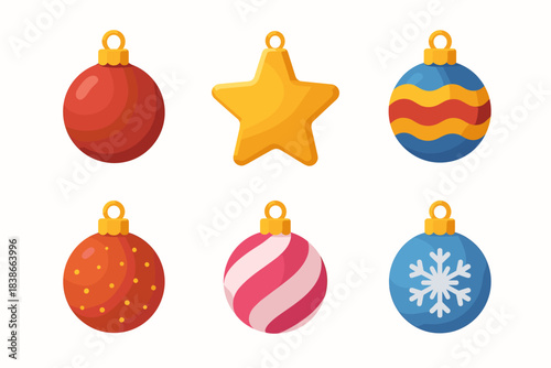 Holiday decorations flat icon set. featuring bauble, star, snowflake, striped, polka-dot, wave pattern