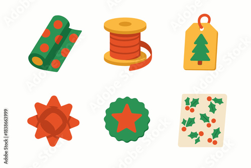 Christmas wrapping items flat icon set. featuring wrapping paper, ribbon, gift tag, bow, seal, and card