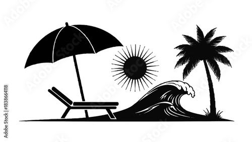 Vector illustration of a beach scene with a deck chair, umbrella, palm tree, and ocean wave on transparent background