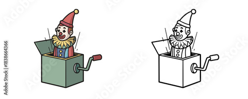 Cute cartoon style illustration of a vintage jack in the box toy with a clown popping out of a green and red box shown in full color and as a black and white outline