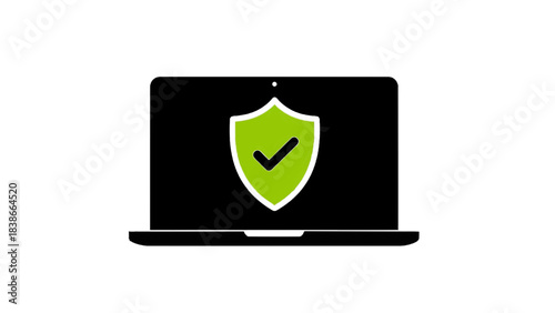 Vector illustration of laptop computer screen displaying a green shield with a white checkmark, isolated on white isolated on transparent background