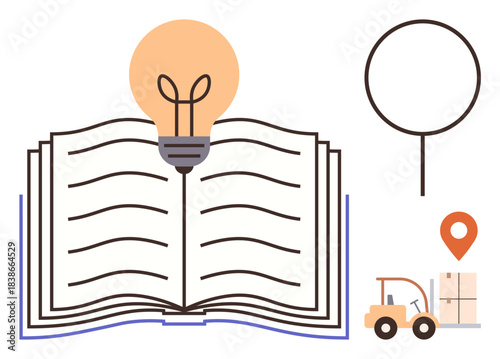 Open book with lit bulb, forklift moving boxes, magnifying glass, and location marker. Ideal for logistics, education, innovation, delivery research navigation creativity. Simple flat metaphor