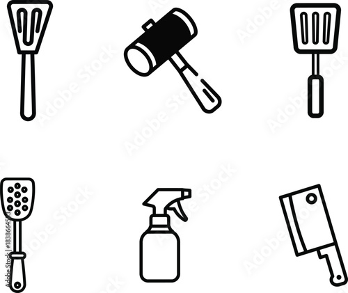 A comprehensive collection of kitchen tools household implements and utility items presented