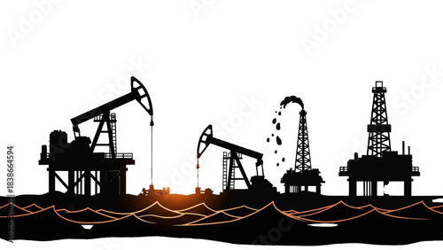 Vector illustration of silhouette of offshore oil drilling platforms and pumpjacks isolated on transparent background