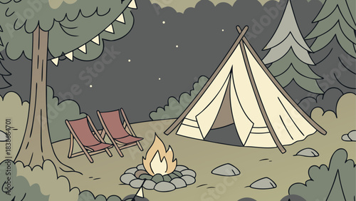 Cozy Campsite Under Starry Night Sky Illustration