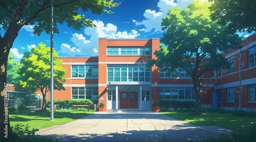 Aesthetic School Setting Bright Sunlight Illuminating the Walkway and Lush Trees in Front of a Red Brick Educational Building