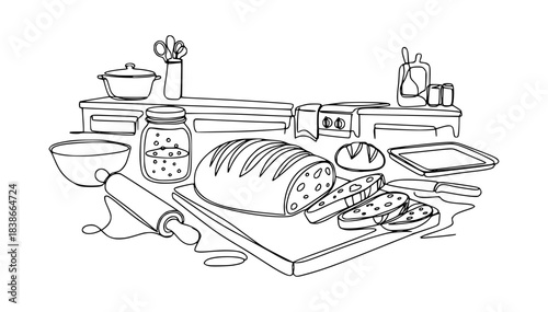 Sourdough Bread Making Continuous Line Drawing Vector. Kitchen Baking Dough Ingredients Minimalist Abstract Hand Drawn sketch Style Illustration. Homemade Bread and Sliced Loaf on Cutting Board