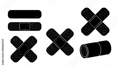 Vector illustration of set of various black and white adhesive bandages, plasters, isolated on transparent background