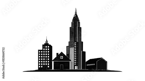 Vector illustration of city skyline silhouette with buildings and houses isolated on transparent background