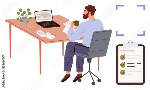 Employee reviewing work documents holding coffee cup, checklist with green ticks, laptop, potted plant. Ideal for productivity, organization, workplace, tasks, planning professional focus