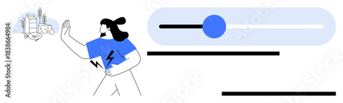 Female figure activates a slider greenery, wind turbines, and electricity graphics. Ideal for sustainability, energy efficiency, eco-friendly innovation, user interface, lifestyle, renewable