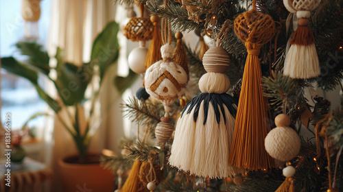 Real tree decorated with tassels, woven ornaments, and handmade clay pieces, bohemian feel