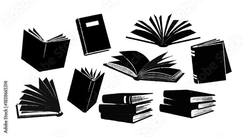 Vector illustration of collection of various open and closed books silhouettes isolated on transparent background