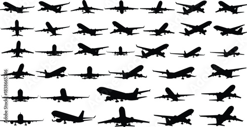 Extensive Vector Silhouette Collection of Commercial Airplanes and Jet Aircraft in Various Flight, Takeoff, and Landing Poses, Isolated Set.