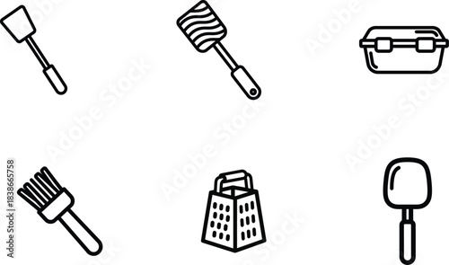 A comprehensive collection of simple outline kitchen utensil icons featuring a variety of essential