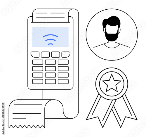 Contactless payment, digital identity, customer recognition, financial services, reward programs, e-commerce. Payment terminal with receipt, profile icon and star badge. Contactless payment