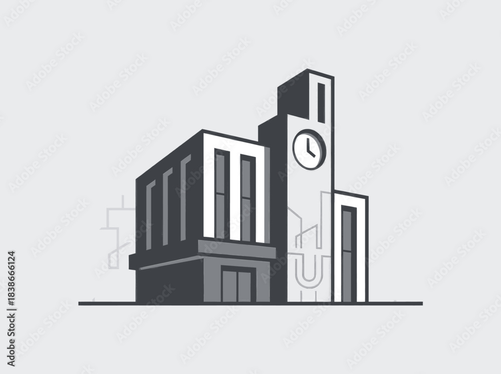 Naklejka premium Modern Minimalist Clock Tower Building Illustration.